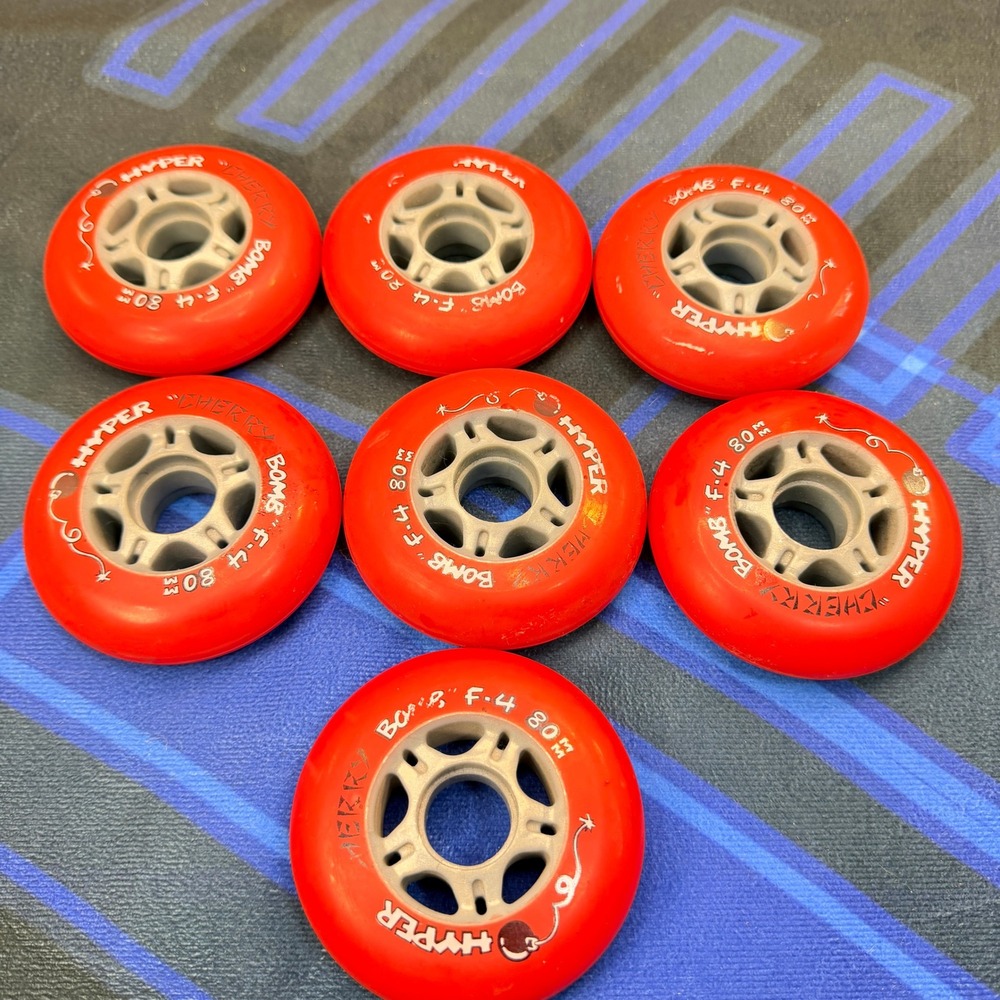 Vintage Hyper Cherry Bomb F-4 80mm Inline Hockey Skate Wheels Lot of 7 Red USA